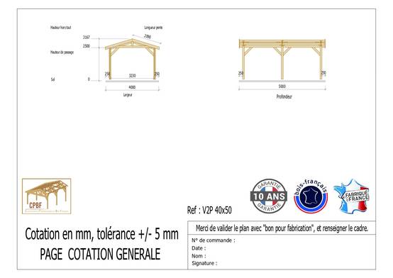 Cpbf Charpentes - Carport deux Pentes 400cmx500cm, Bois DOUGLAS Français (Charpente en bois-auvent-abri voiture), 20 m². Garantie 10 ans - Image 2