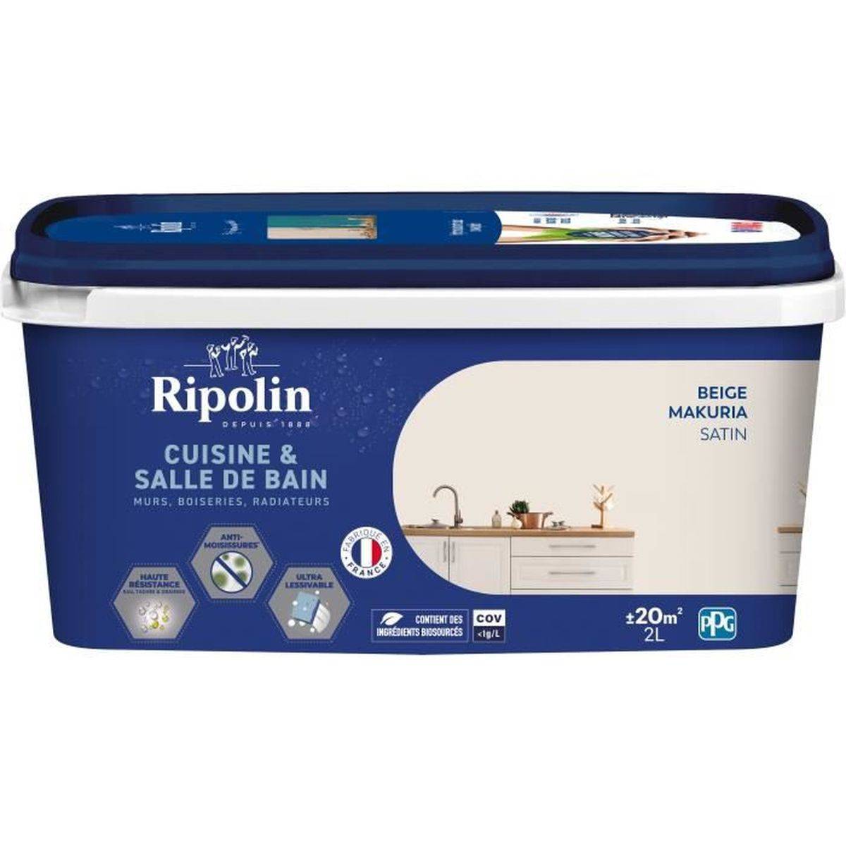 Ripolin - Peinture acrylique satin beige Makuria pour cuisine et bain, effet perlant et anti-moisissure - RIPOLIN