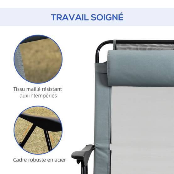 Outsunny Chaise De Jardin Pliante Dossier Haut Inclinable 7 Positions - Accoudoirs, Têtière Aluminium, Oxford Déperlant Gris
