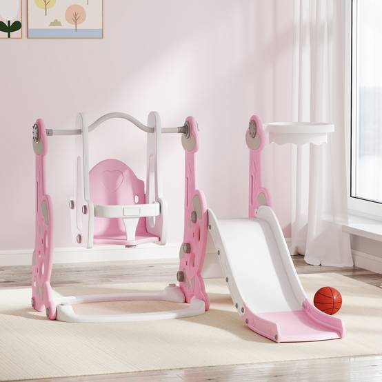 Toboggan enfant 4-en-1 avec balançoire, échelle d’escalade et panier de basket, 18-48 mois, rose, structure stable pour jeux actifs - Image 2