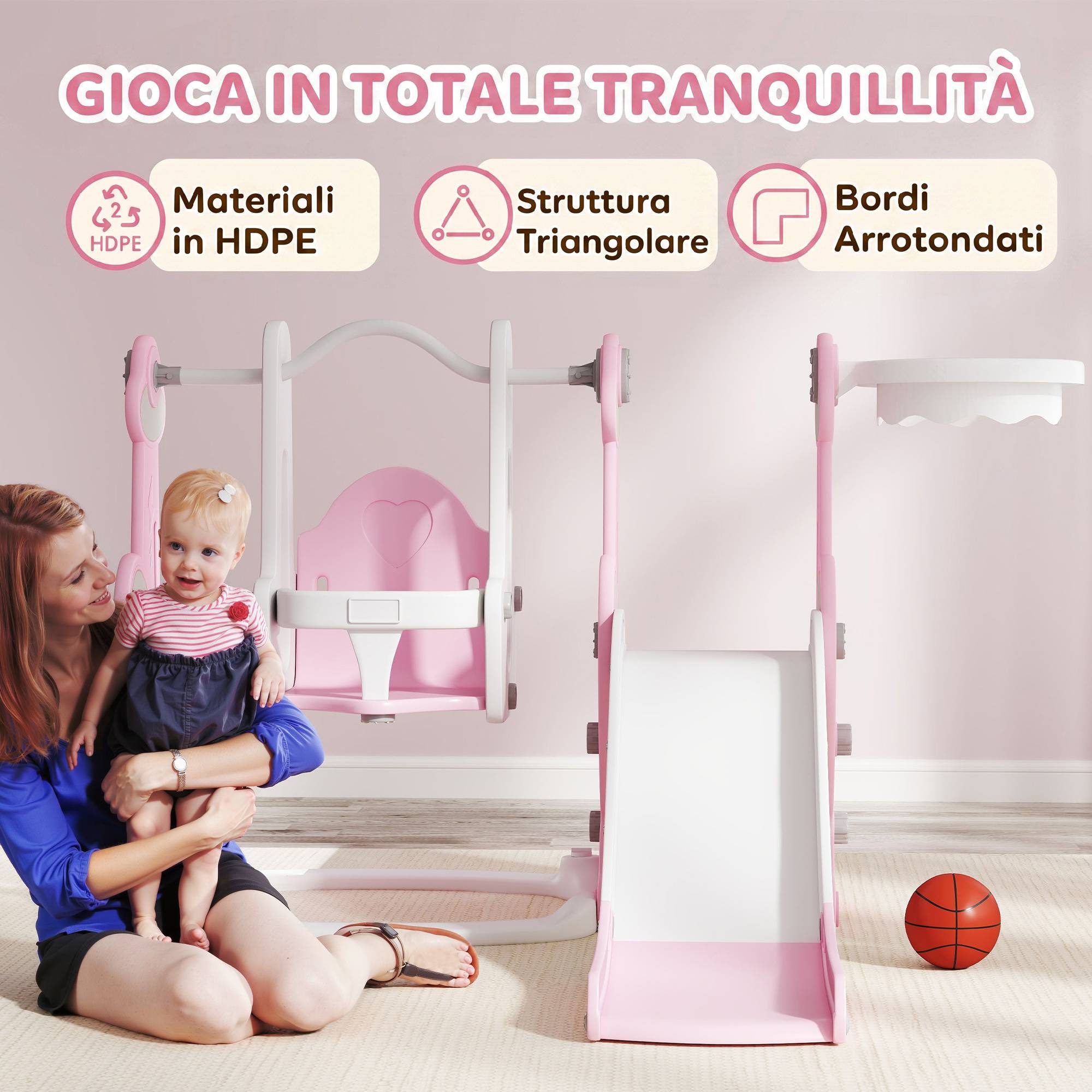 Toboggan enfant 4-en-1 avec balançoire, échelle d’escalade et panier de basket, 18-48 mois, rose, structure stable pour jeux actifs - Image 7