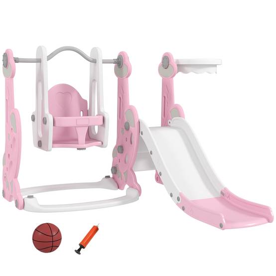 Toboggan enfant 4-en-1 avec balançoire, échelle d’escalade et panier de basket, 18-48 mois, rose, structure stable pour jeux actifs - Image 10
