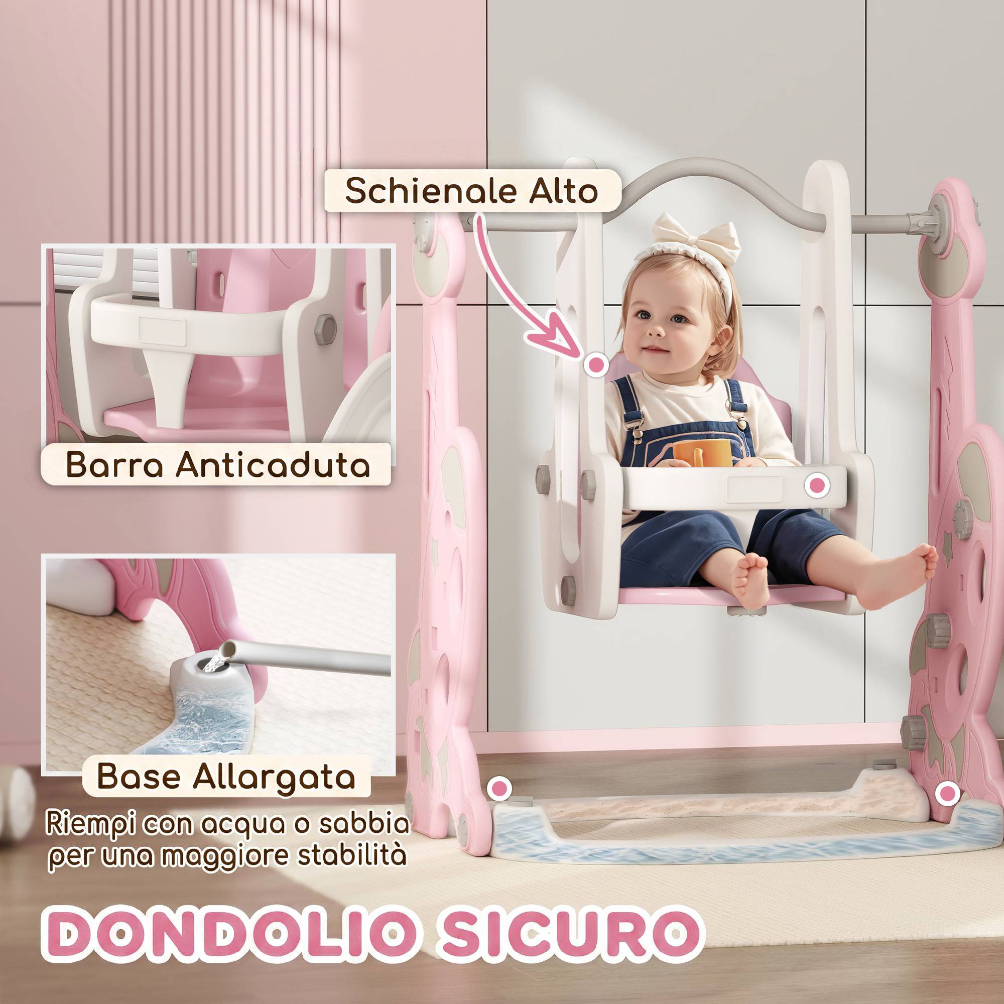 Toboggan enfant 4-en-1 avec balançoire, échelle d’escalade et panier de basket, 18-48 mois, rose, structure stable pour jeux actifs - Image 6
