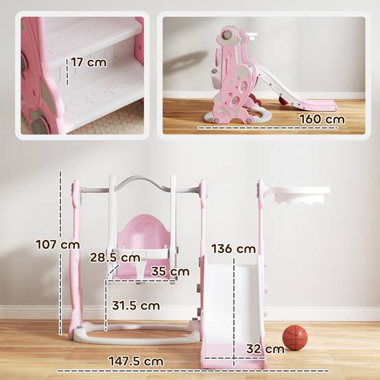 Toboggan enfant 4-en-1 avec balançoire, échelle d’escalade et panier de basket, 18-48 mois, rose, structure stable pour jeux actifs - Image 3