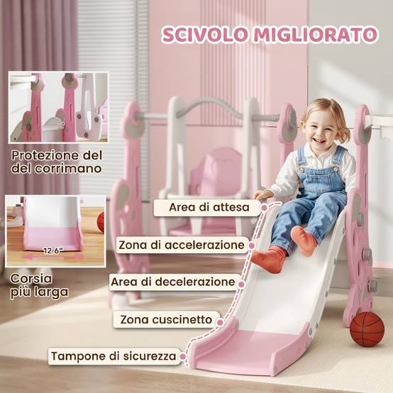 Toboggan enfant 4-en-1 avec balançoire, échelle d’escalade et panier de basket, 18-48 mois, rose, structure stable pour jeux actifs - Image 5