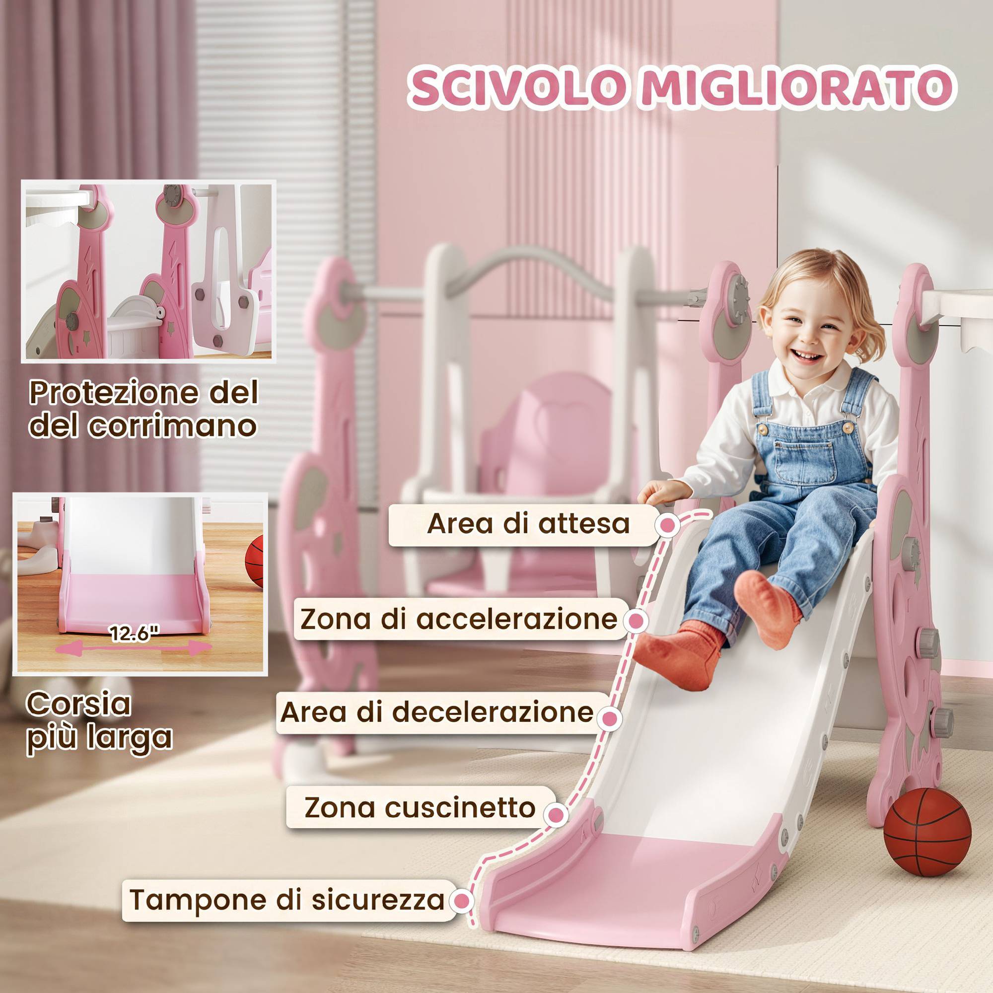 Toboggan enfant 4-en-1 avec balançoire, échelle d’escalade et panier de basket, 18-48 mois, rose, structure stable pour jeux actifs - Image 5