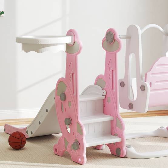 Toboggan enfant 4-en-1 avec balançoire, échelle d’escalade et panier de basket, 18-48 mois, rose, structure stable pour jeux actifs - Image 9