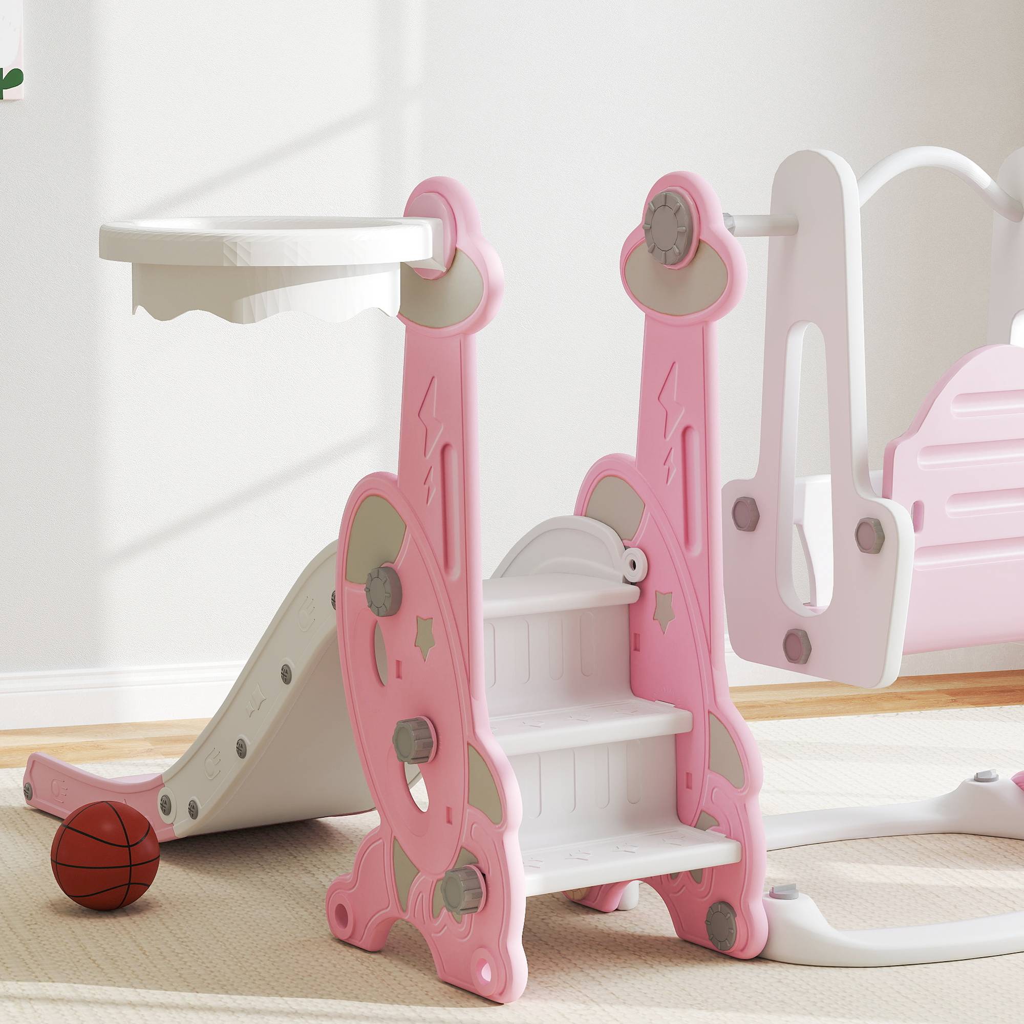 Toboggan enfant 4-en-1 avec balançoire, échelle d’escalade et panier de basket, 18-48 mois, rose, structure stable pour jeux actifs - Image 9