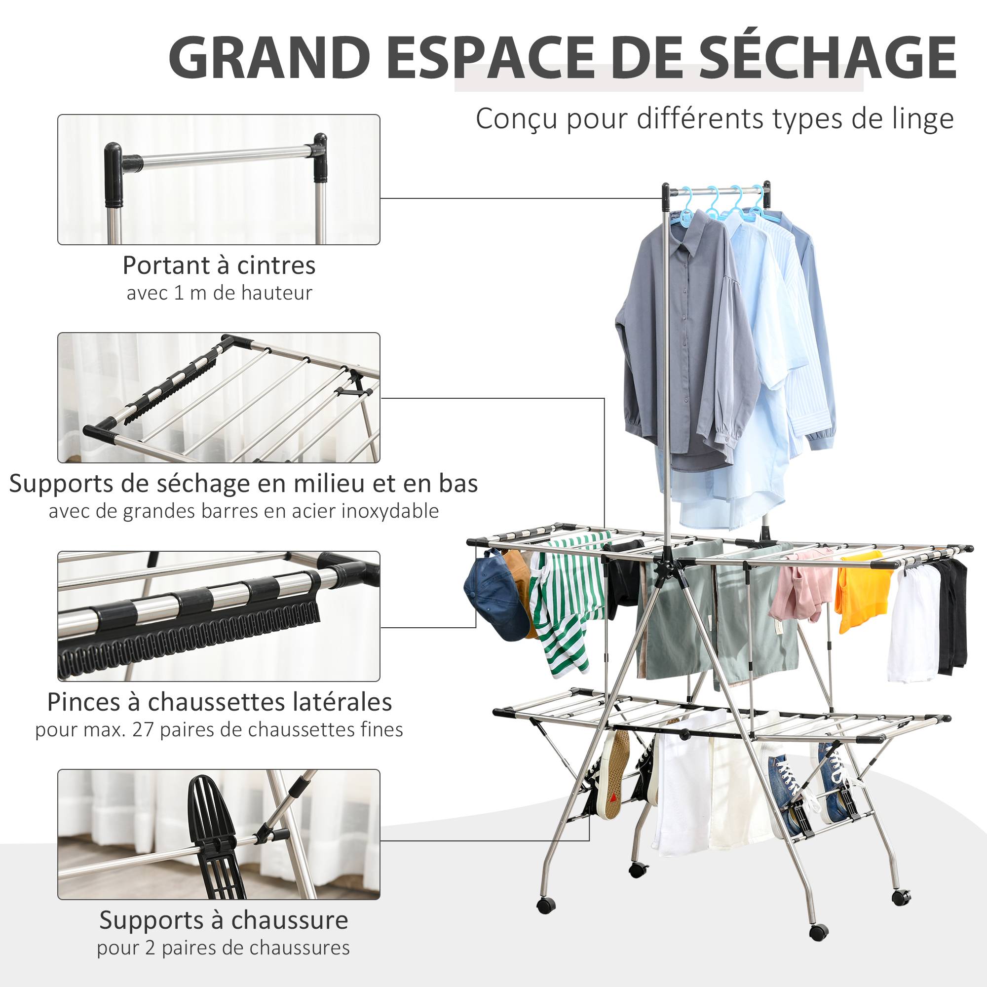 Homcom - Séchoir à linge pliable avec roulettes 138,5x63x208cm grand espace d'étendage acier inoxydable argent noir - HOMCOM - Image 4