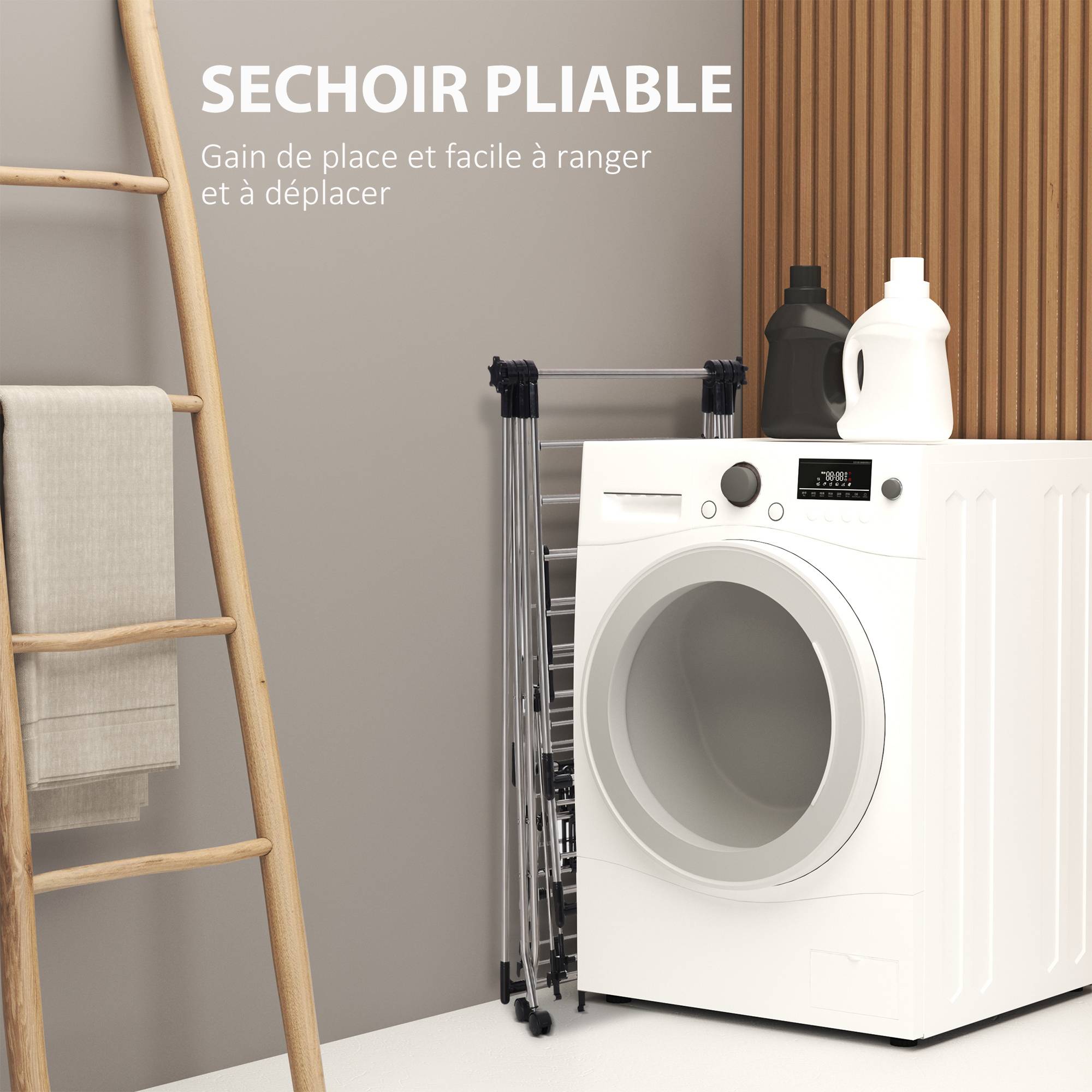 Homcom - Séchoir à linge pliable avec roulettes 138,5x63x208cm grand espace d'étendage acier inoxydable argent noir - HOMCOM - Image 5