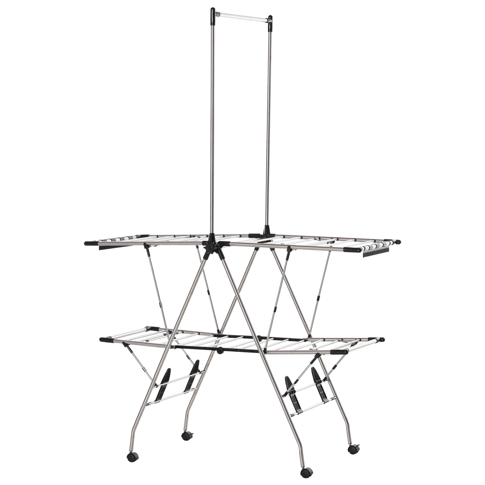 Homcom - Séchoir à linge pliable avec roulettes 138,5x63x208cm grand espace d'étendage acier inoxydable argent noir - HOMCOM - Image 1