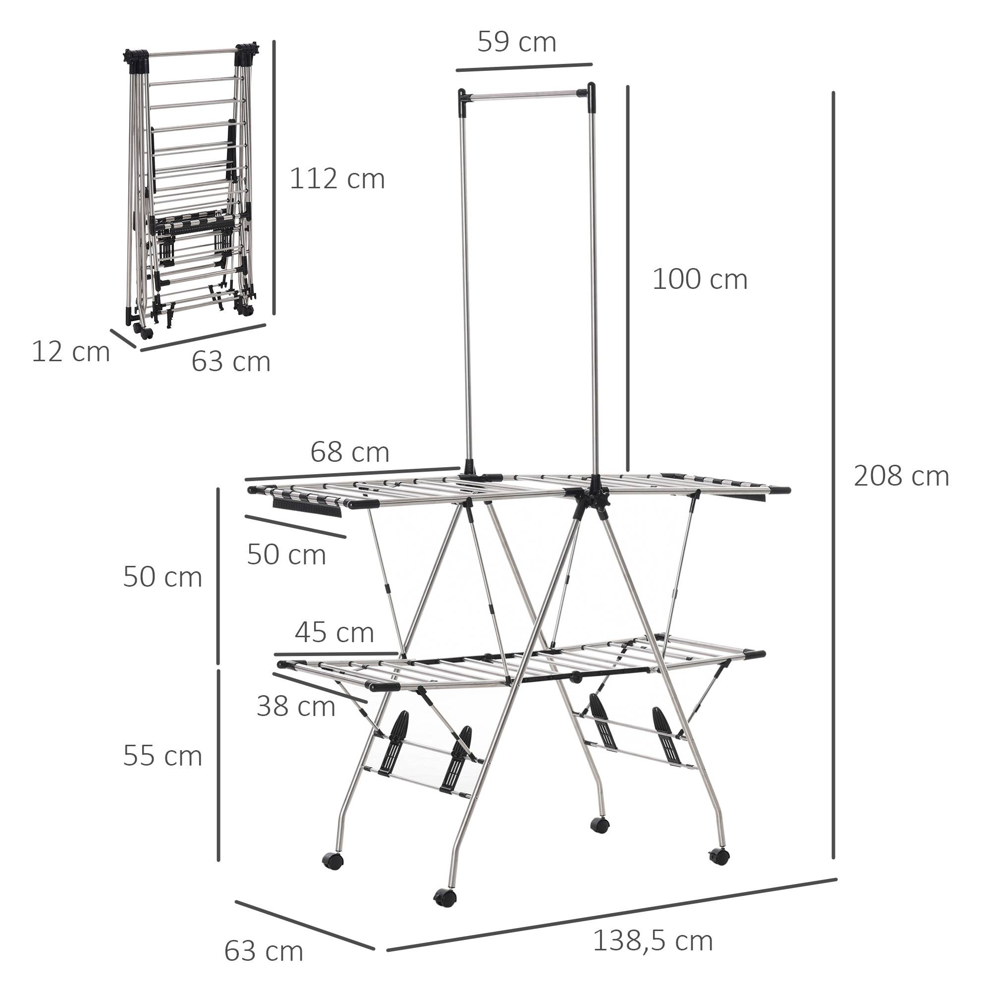 Homcom - Séchoir à linge pliable avec roulettes 138,5x63x208cm grand espace d'étendage acier inoxydable argent noir - HOMCOM - Image 3