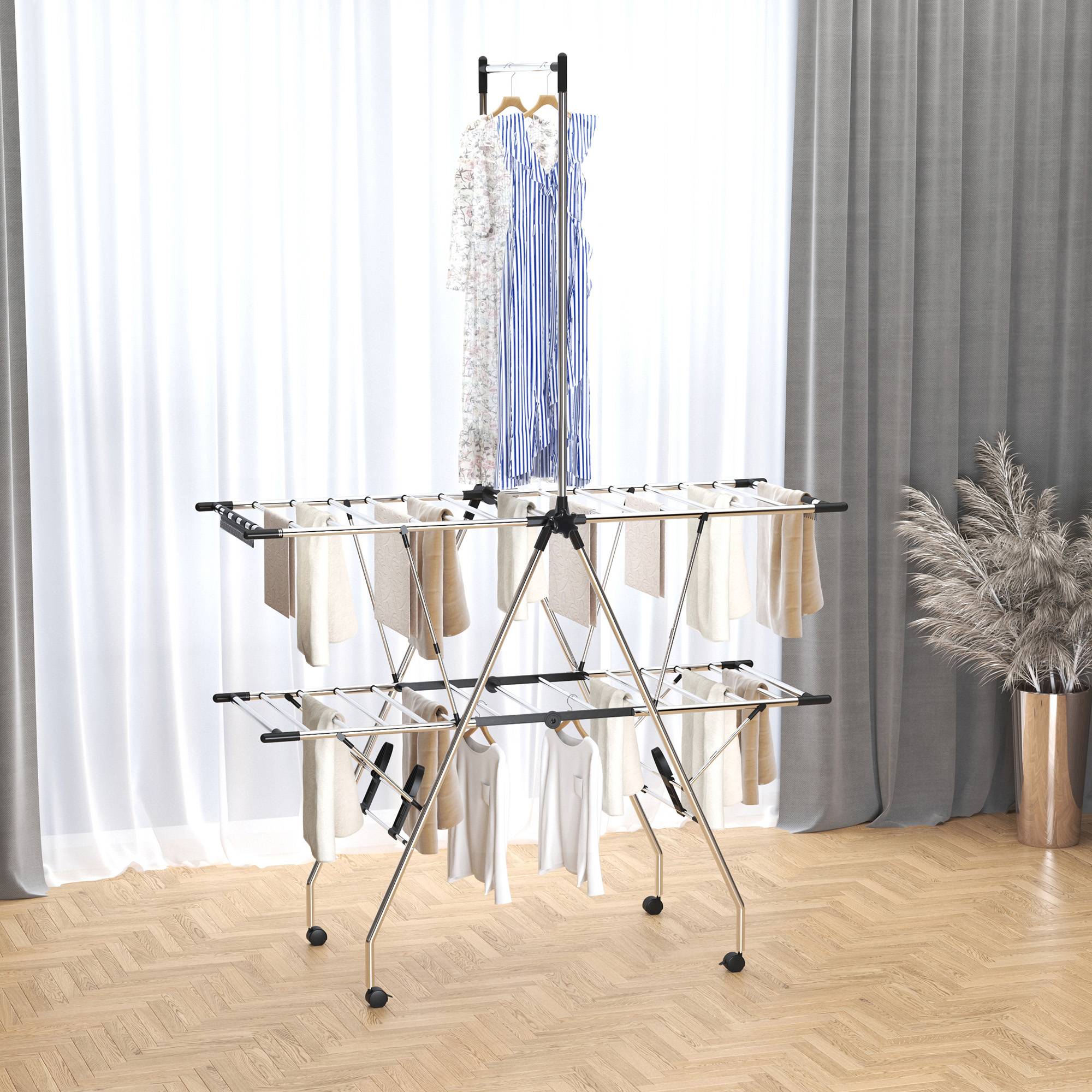 Homcom - Séchoir à linge pliable avec roulettes 138,5x63x208cm grand espace d'étendage acier inoxydable argent noir - HOMCOM - Image 2