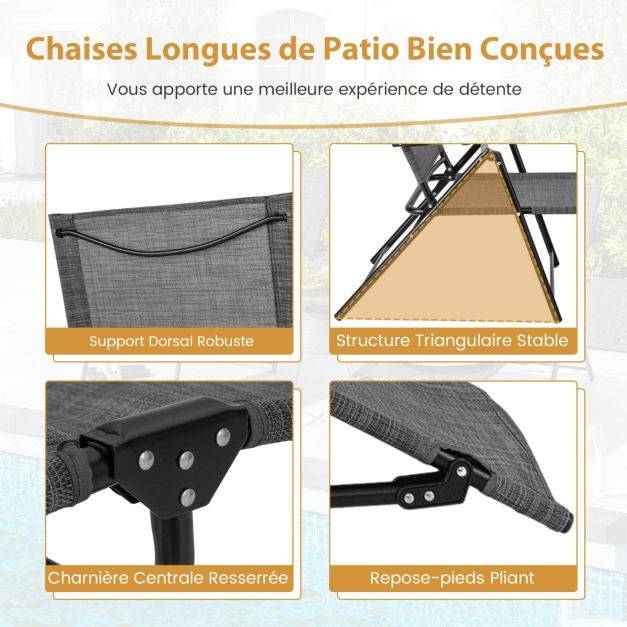 Helloshop26 - Chaises longues pliantes fauteuil 2 pièces dossier à 6 niveaux tissu de siège respirant cadre en métal solide chaises inclinables réglables gris - Image 3