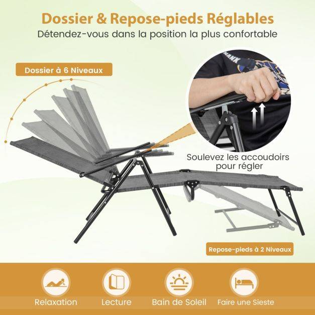 Helloshop26 - Chaises longues pliantes fauteuil 2 pièces dossier à 6 niveaux tissu de siège respirant cadre en métal solide chaises inclinables réglables gris - Image 4