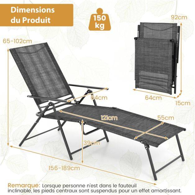 Helloshop26 - Chaises longues pliantes fauteuil 2 pièces dossier à 6 niveaux tissu de siège respirant cadre en métal solide chaises inclinables réglables gris - Image 5