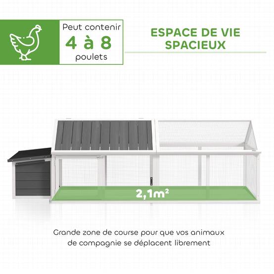 Poulailler pour poules cage à poule avec nichoir porte et toit ouvrable pour 4 et 8 poules 240 x 112,5 x 76 cm blanc - Image 6