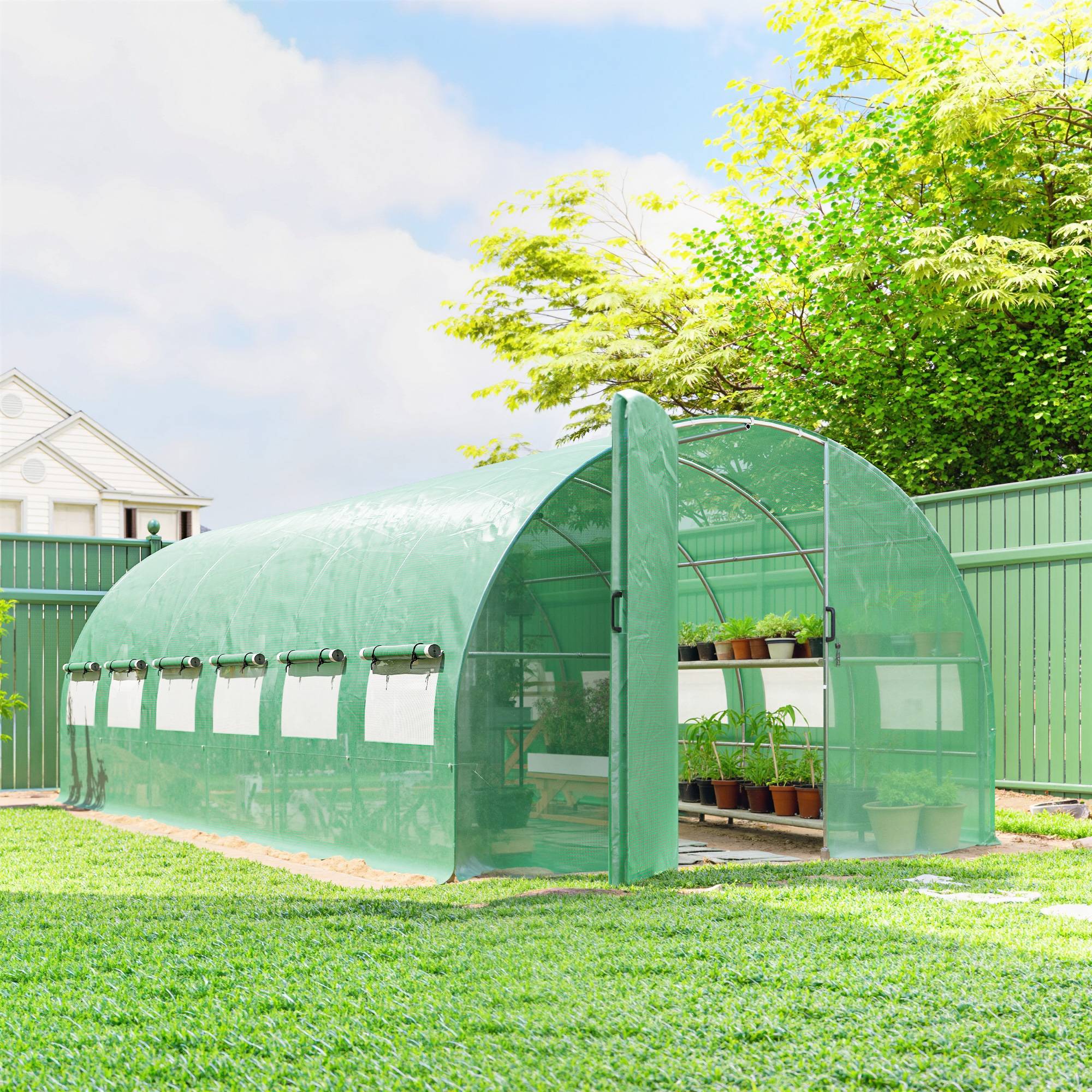 Sans Marque - Serre tunnel 18 m² 295x597x200 cm acier galvanisé PE 12 fenêtres moustiquaires serre jardin verte - Image 4