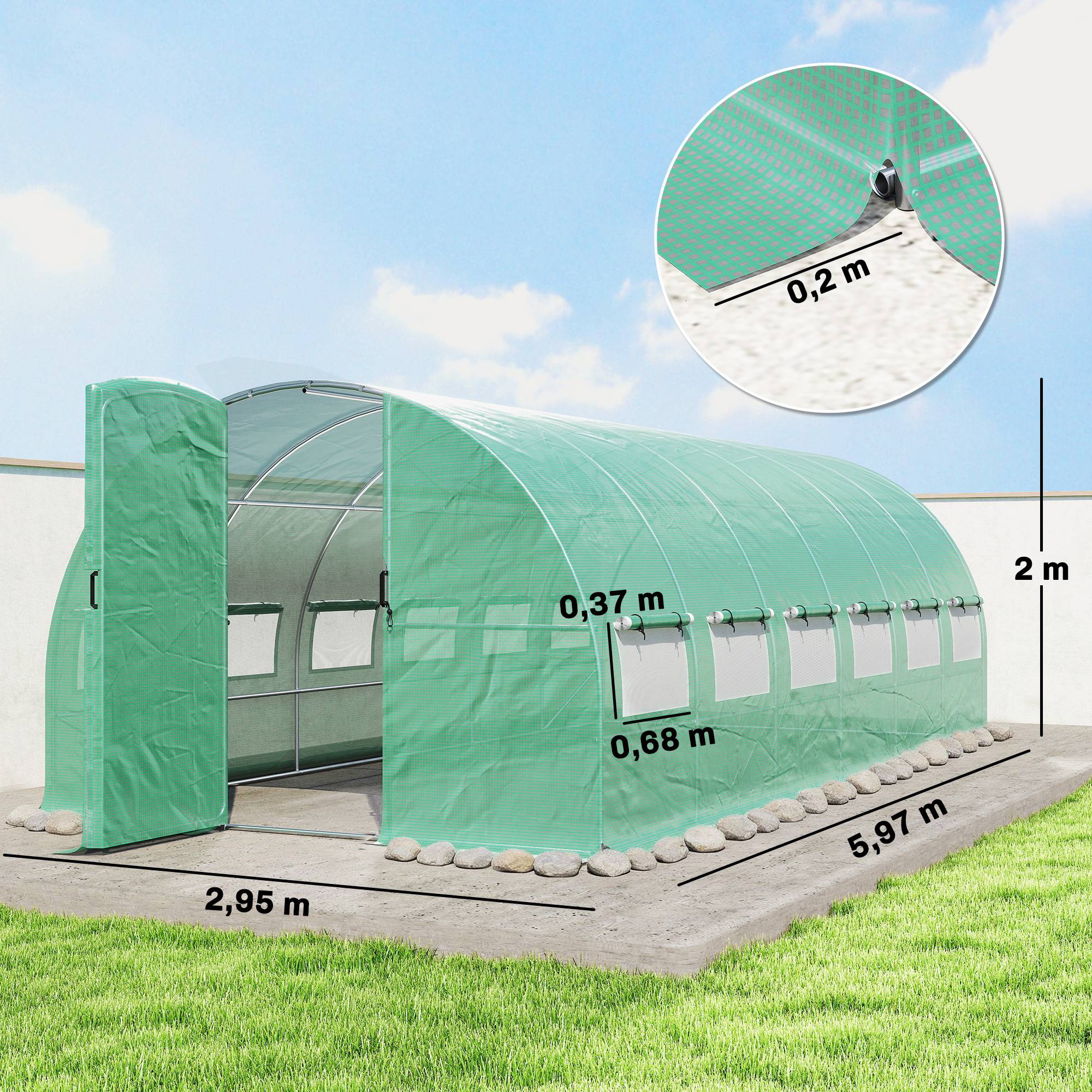 Sans Marque - Serre tunnel 18 m² 295x597x200 cm acier galvanisé PE 12 fenêtres moustiquaires serre jardin verte - Image 5
