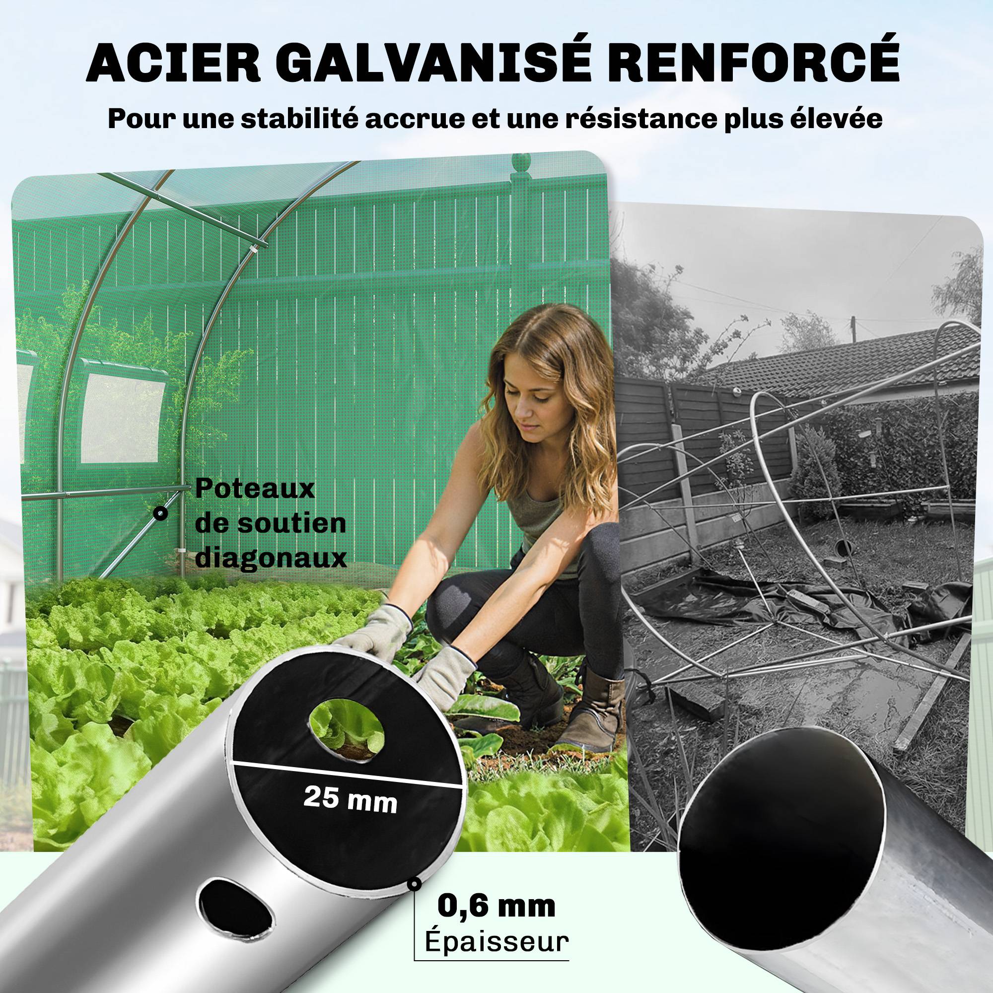 Sans Marque - Serre tunnel 18 m² 295x597x200 cm acier galvanisé PE 12 fenêtres moustiquaires serre jardin verte - Image 6