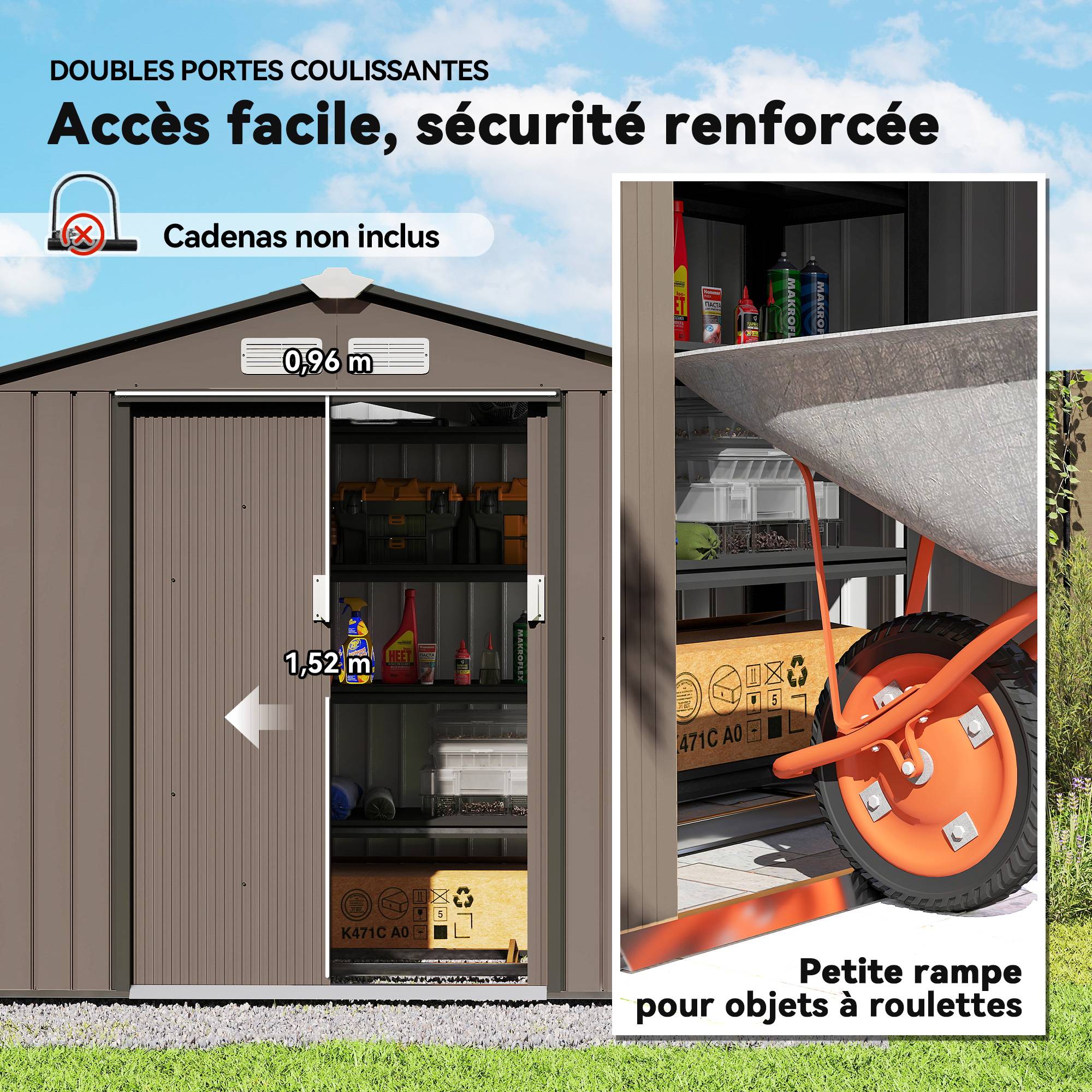 Abri de jardin tôle acier aménagement extérieur stockage outils 213x130cm marron - ComfortXL Outdoor Living - Image 7