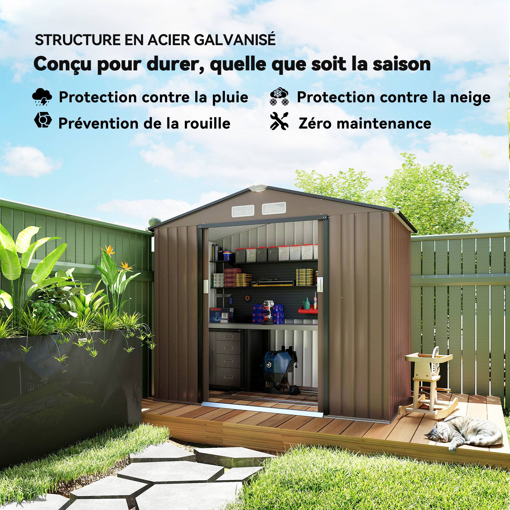 Abri de jardin tôle acier aménagement extérieur stockage outils 213x130cm marron - ComfortXL Outdoor Living - Image 6