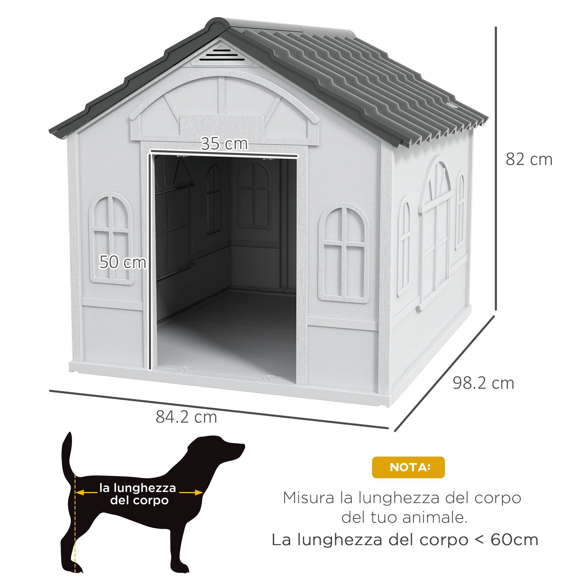 Niche pour chien étanche en polypropylène avec toit incliné et porte d'entrée, 84,2 x 98,2 x 82 cm, grise - Image 5