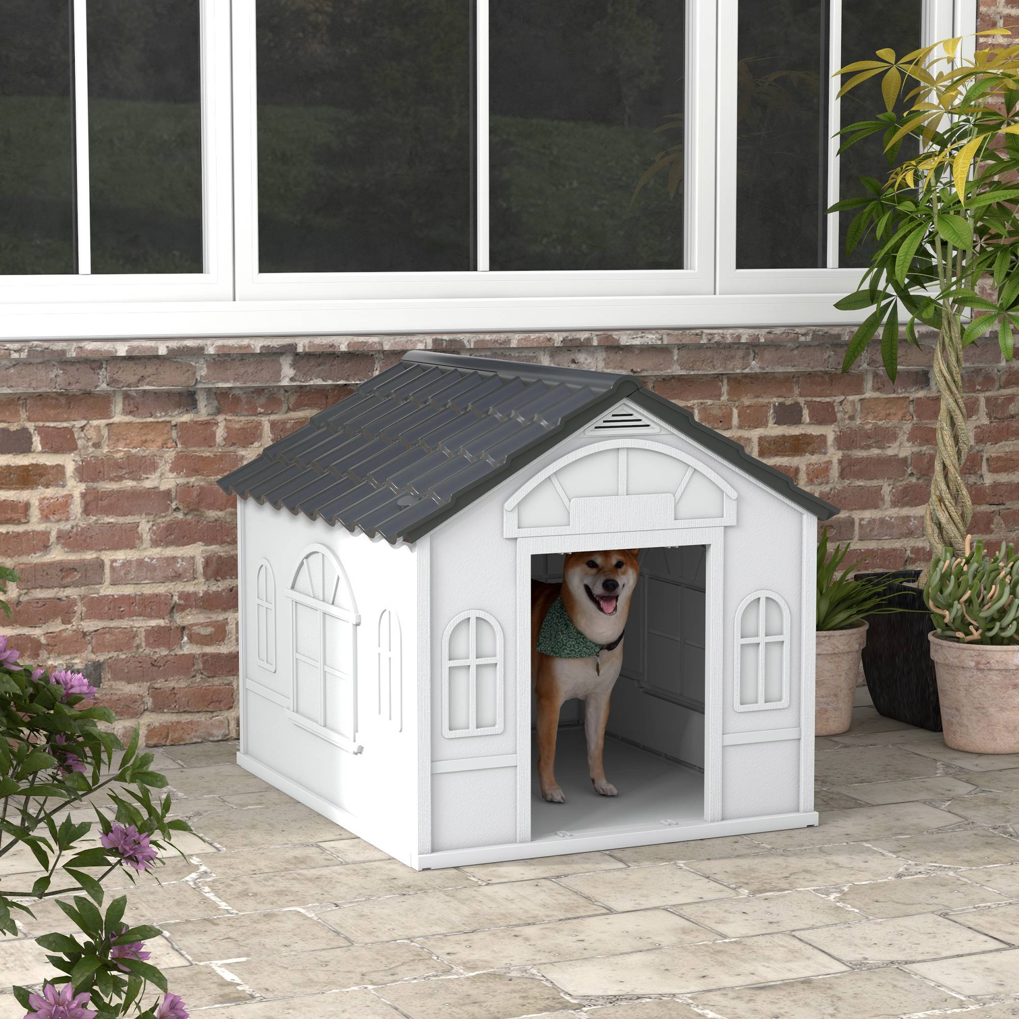 Niche pour chien étanche en polypropylène avec toit incliné et porte d'entrée, 84,2 x 98,2 x 82 cm, grise - Image 3
