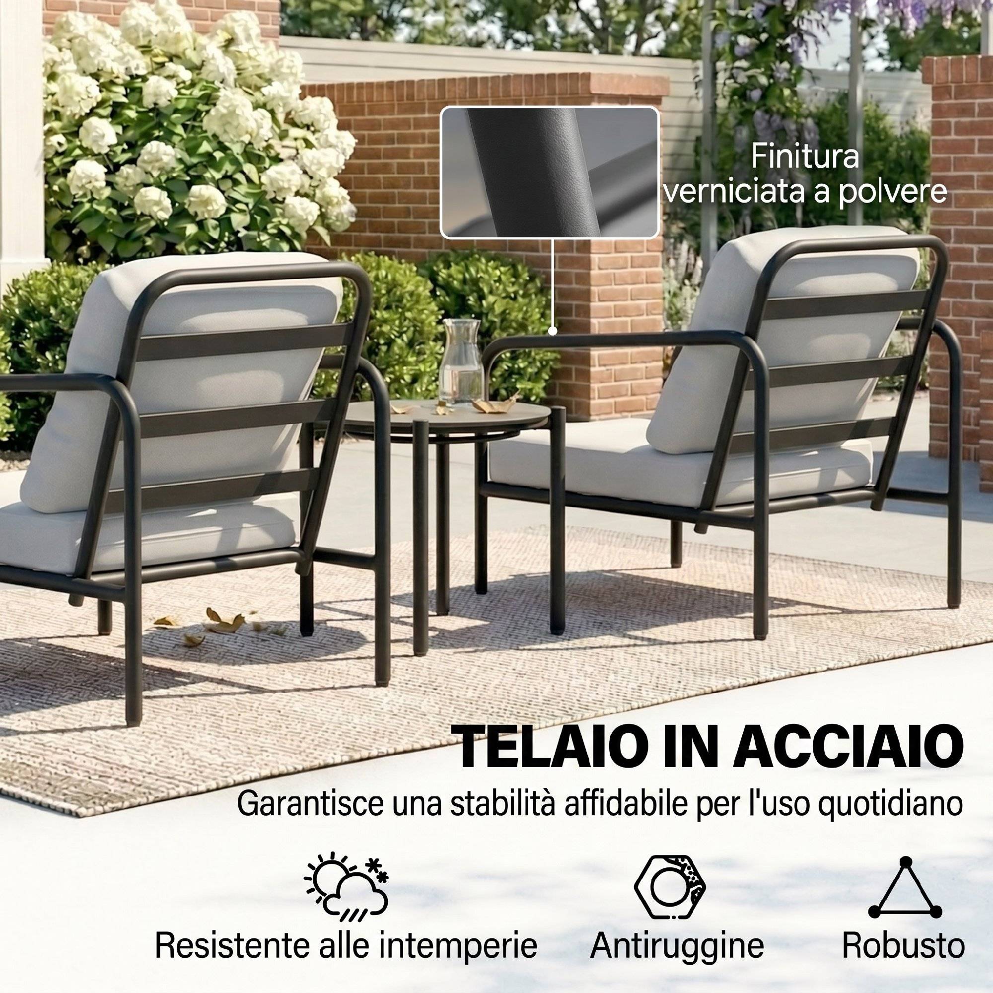 Ensemble bistrot 3 pcs acier, 2 chaises coussins épais, table verre trempé noire - Image 8