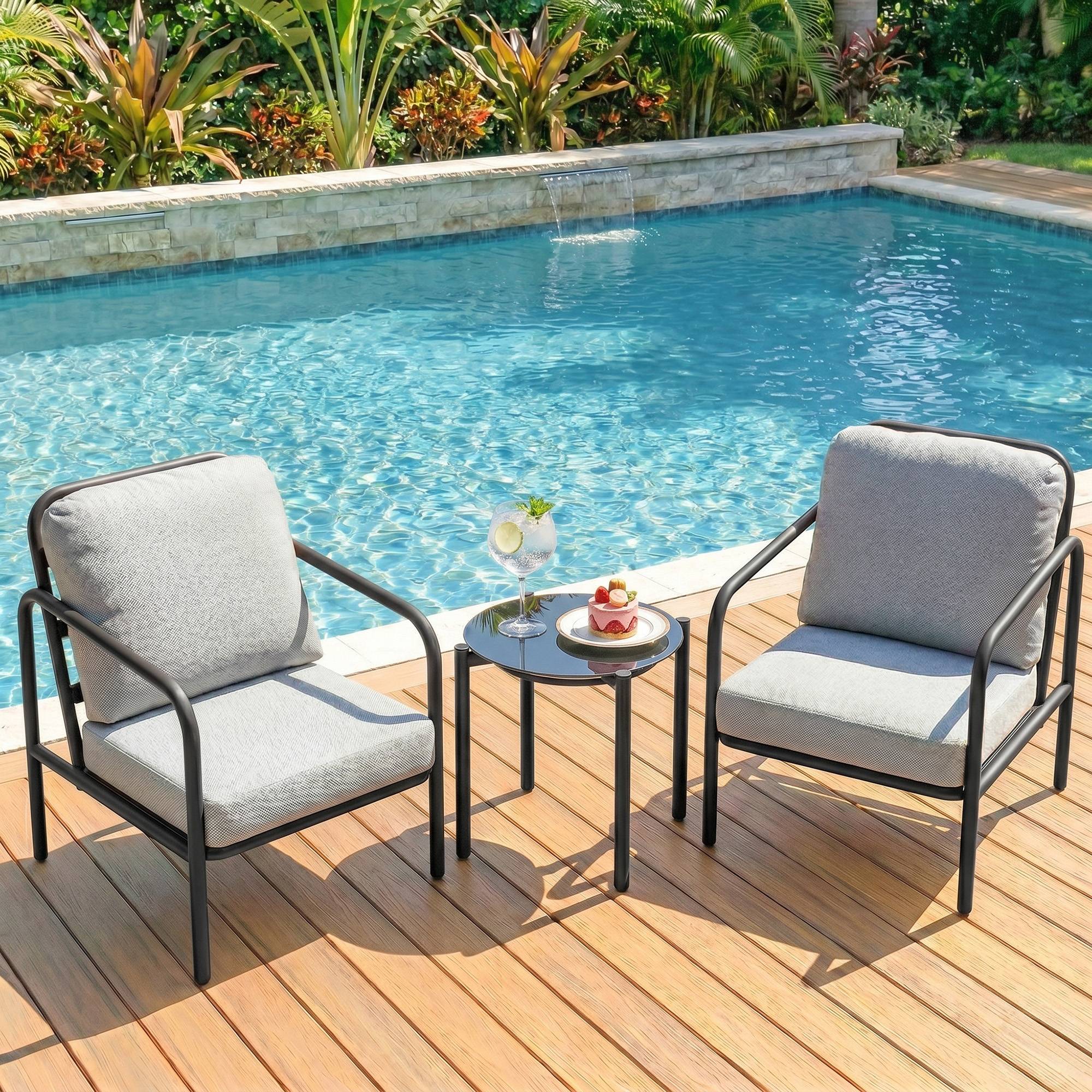 Ensemble bistrot 3 pcs acier, 2 chaises coussins épais, table verre trempé noire - Image 10