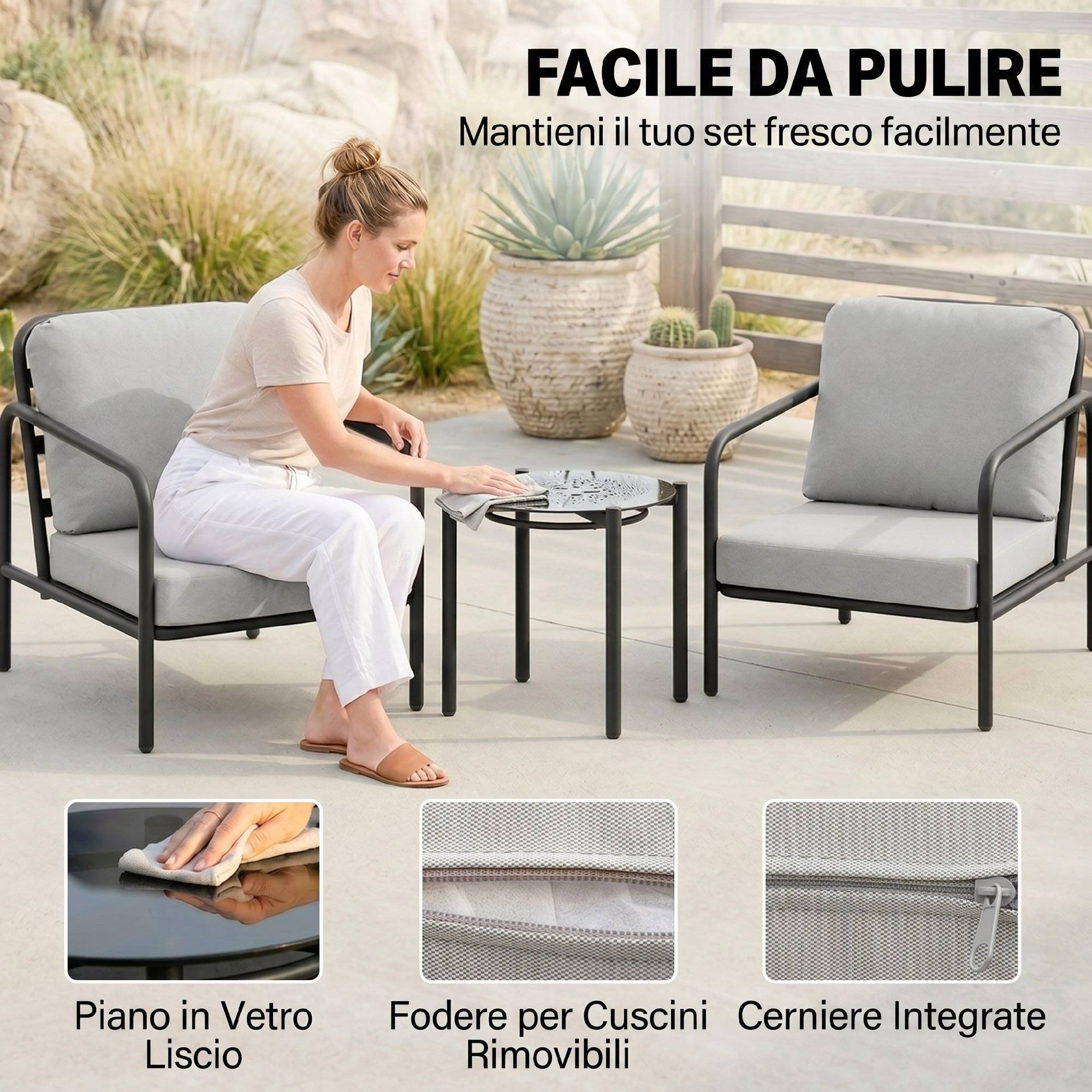 Ensemble bistrot 3 pcs acier, 2 chaises coussins épais, table verre trempé noire - Image 7