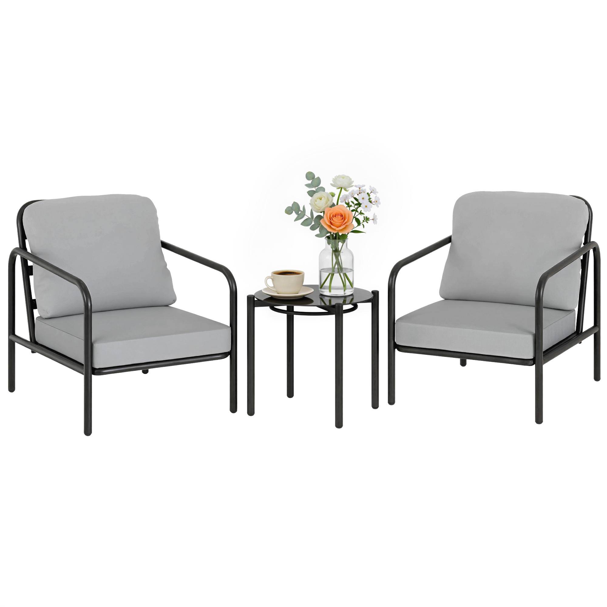 Ensemble bistrot 3 pcs acier, 2 chaises coussins épais, table verre trempé noire