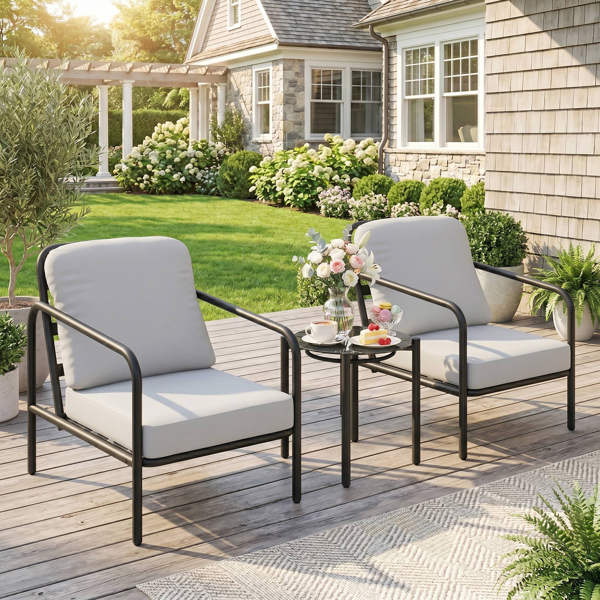 Ensemble bistrot 3 pcs acier, 2 chaises coussins épais, table verre trempé noire - Image 3