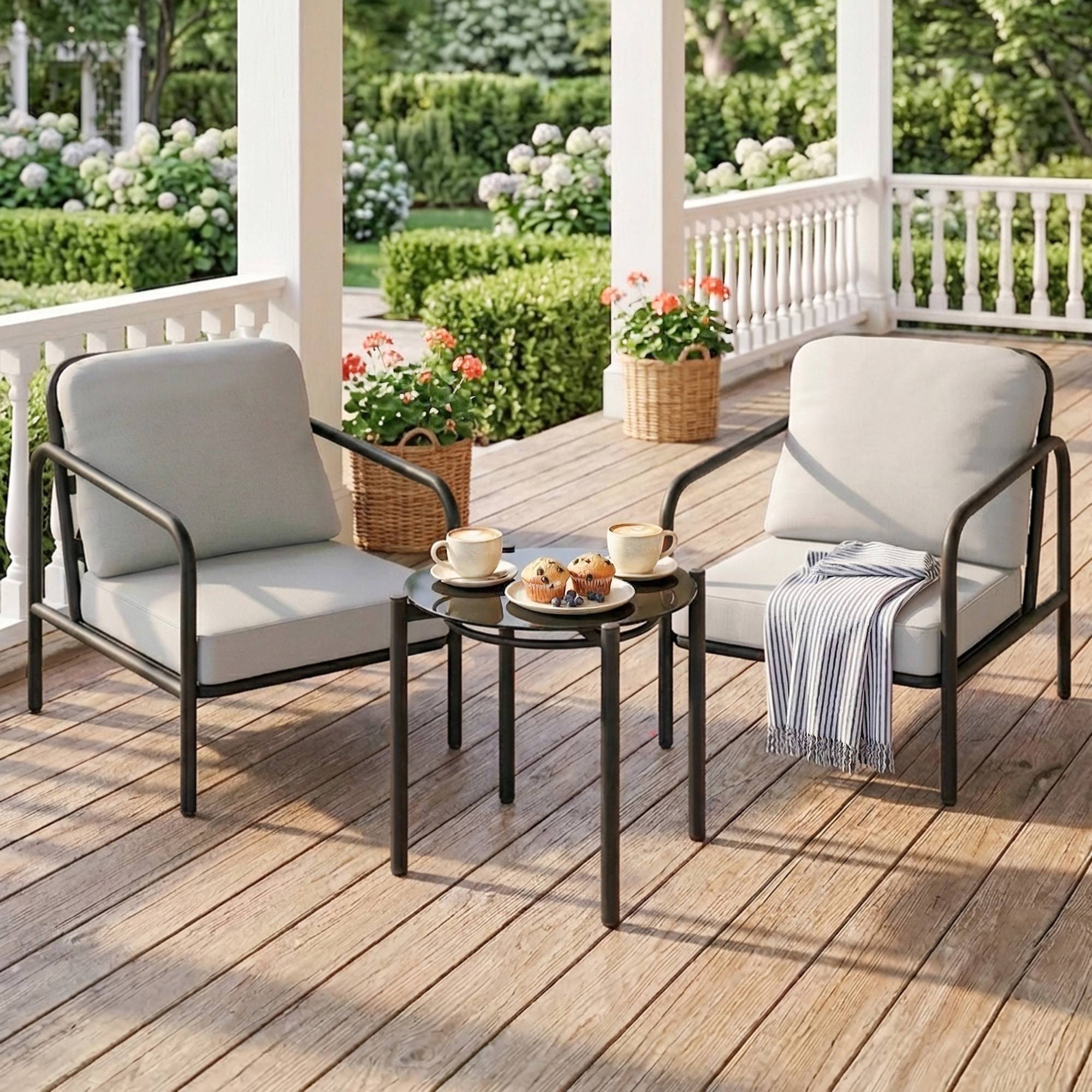 Ensemble bistrot 3 pcs acier, 2 chaises coussins épais, table verre trempé noire - Image 4