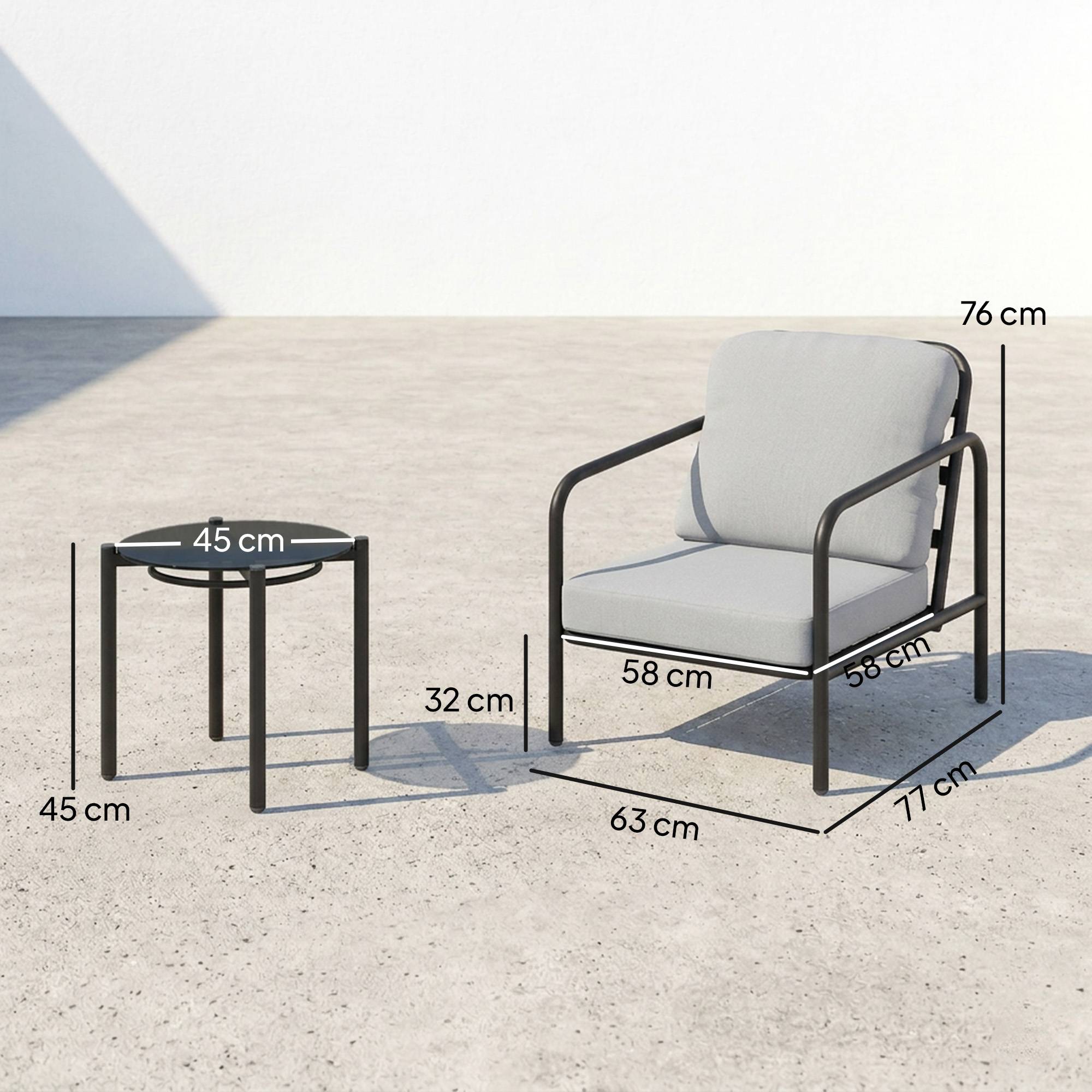 Ensemble bistrot 3 pcs acier, 2 chaises coussins épais, table verre trempé noire - Image 5