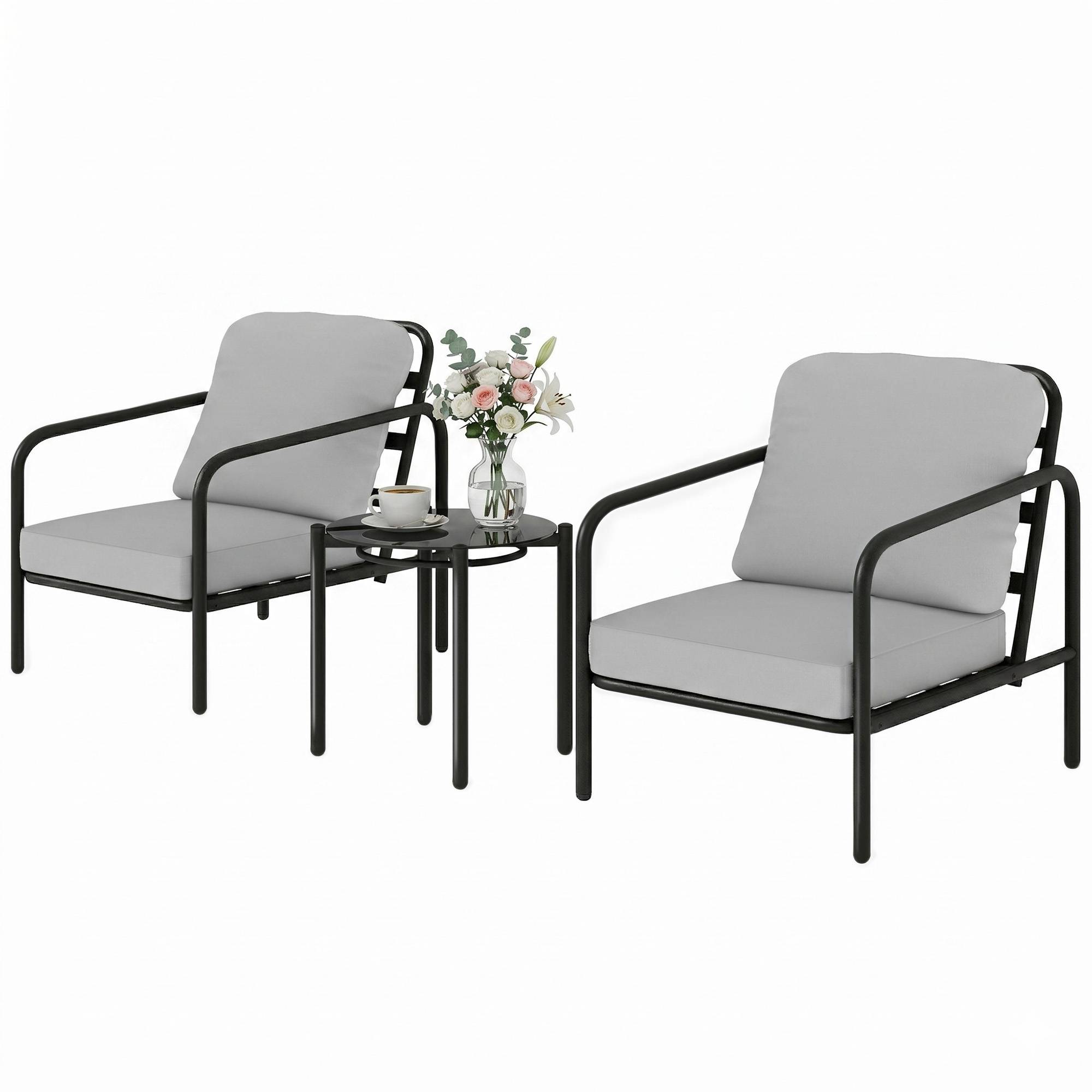 Ensemble bistrot 3 pcs acier, 2 chaises coussins épais, table verre trempé noire - Image 2
