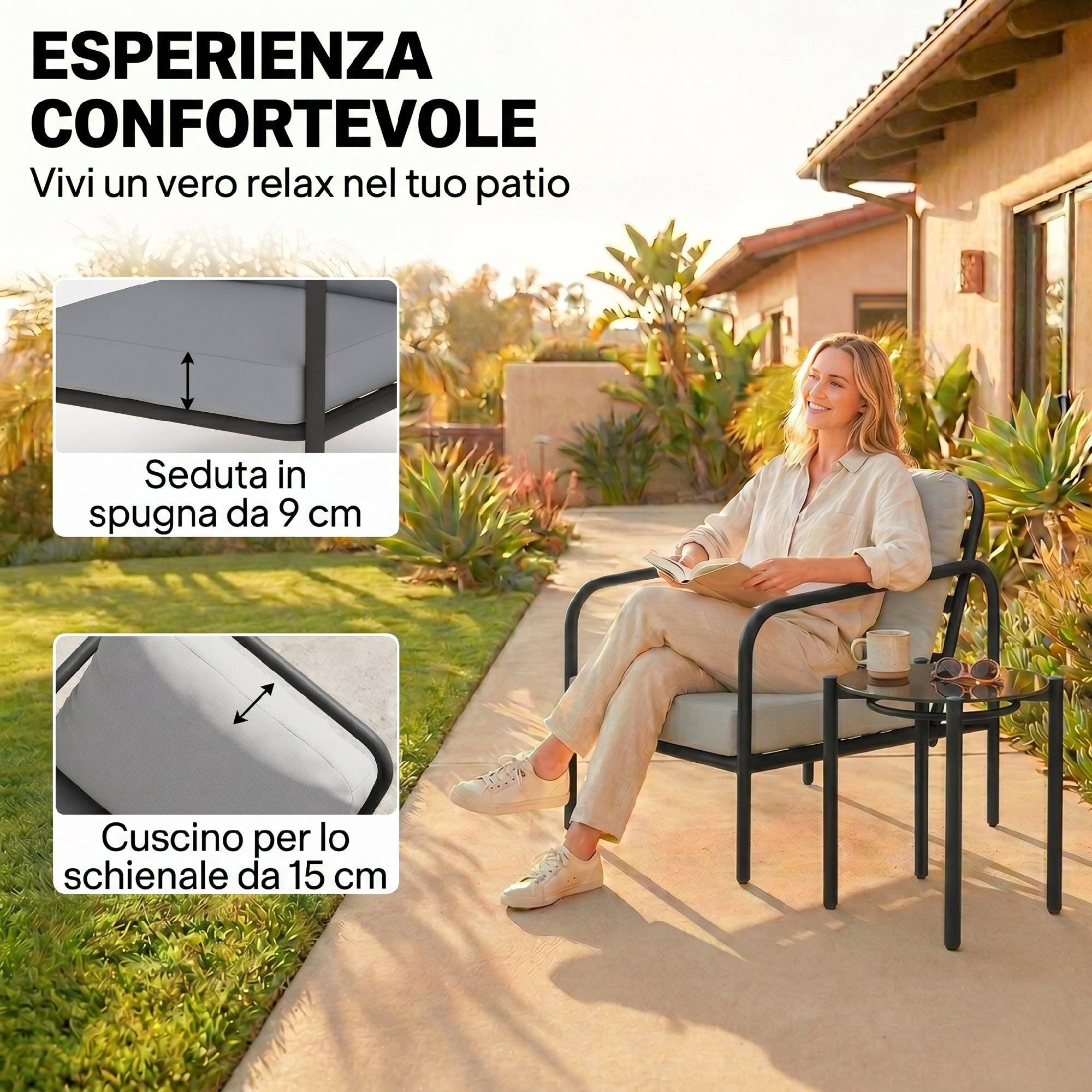 Ensemble bistrot 3 pcs acier, 2 chaises coussins épais, table verre trempé noire - Image 6