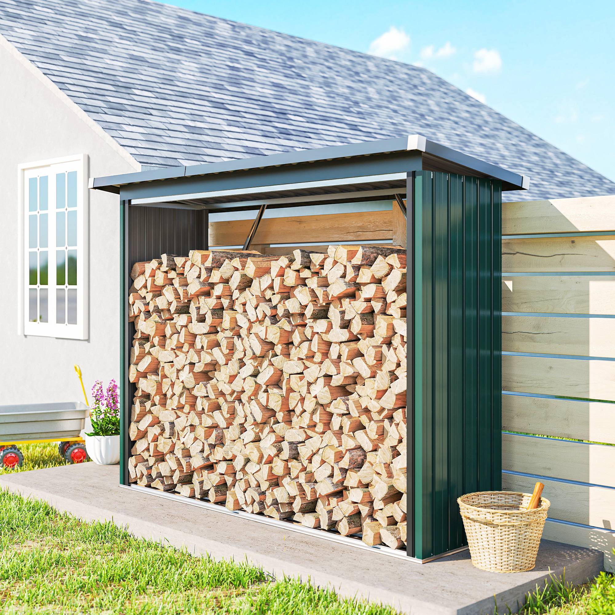 Abri bûches acier galvanisé stockage bois extérieur toit incliné 213x150cm vert - ComfortXL Outdoor Living - Image 3