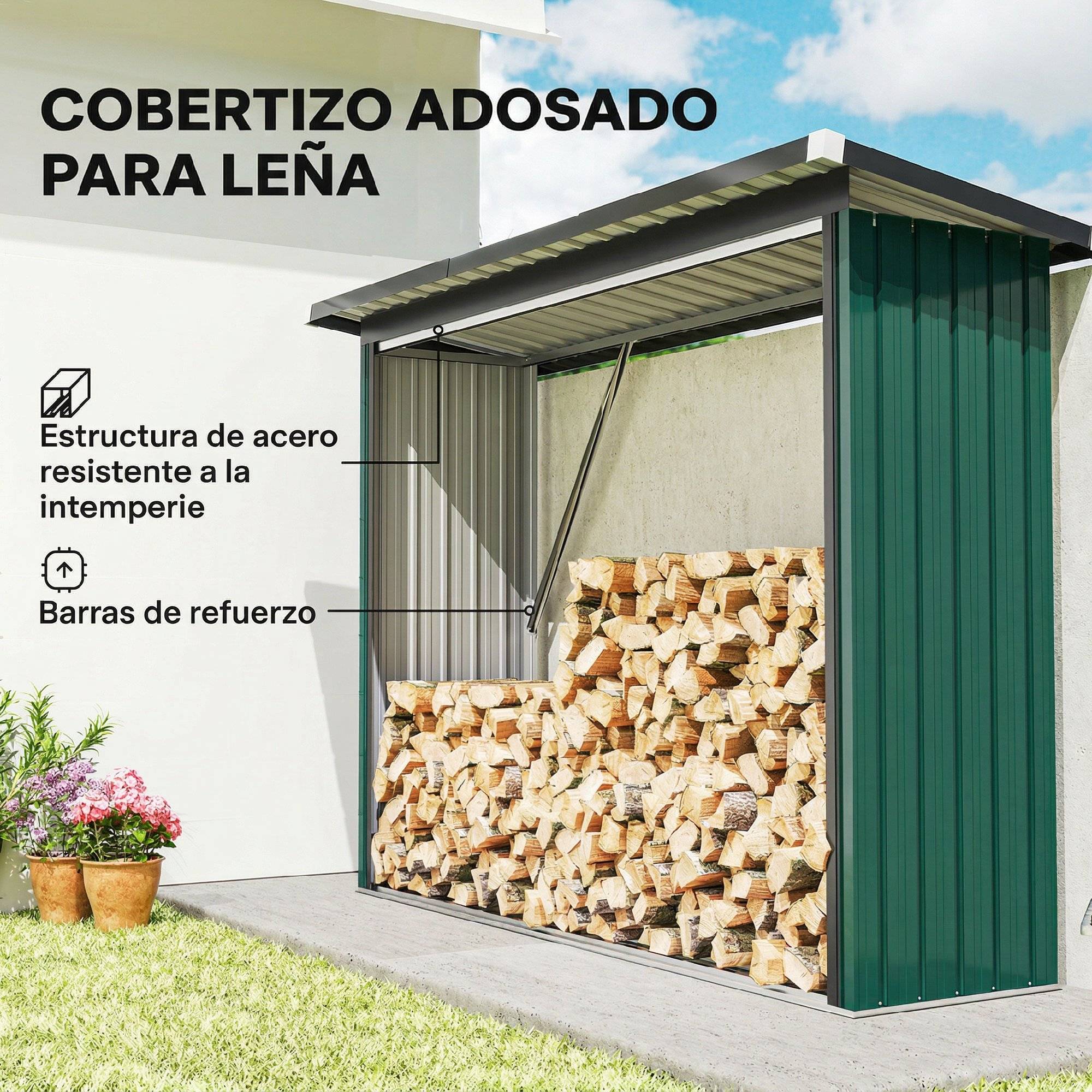 Abri bûches acier galvanisé stockage bois extérieur toit incliné 213x150cm vert - ComfortXL Outdoor Living - Image 6