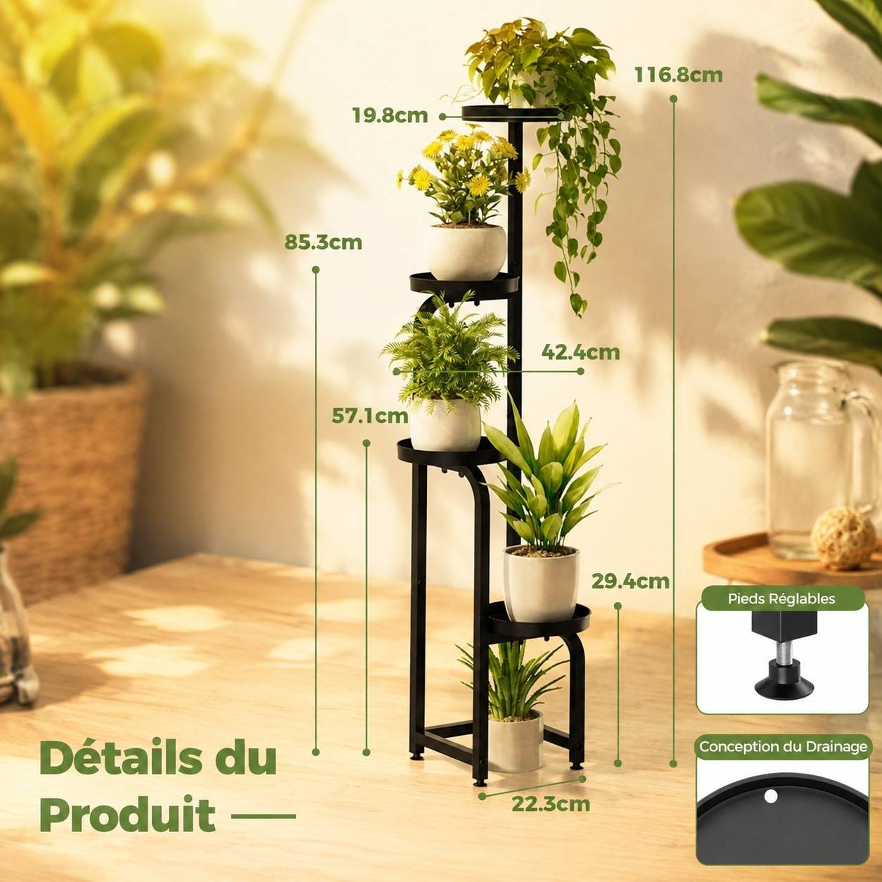 Support de Plantes Métal à 4 Niveaux Intérieur Extérieur Roulettes ou Fixe Égouttoire Perforé - Image 4