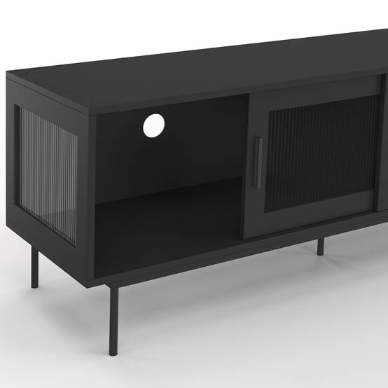 IDMARKET - Meuble TV 140 cm ZINEB 2 portes coulissantes vitrées façade cannelée noir - Image 6
