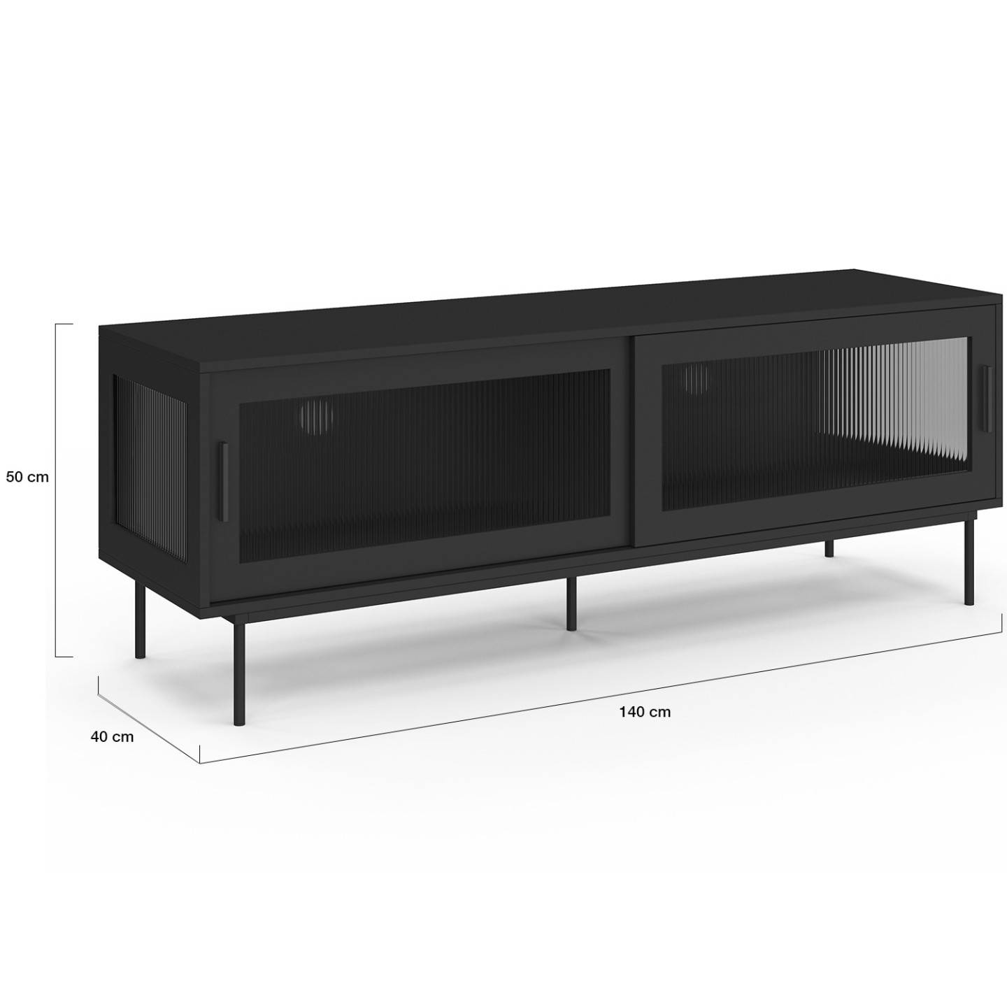 IDMARKET - Meuble TV 140 cm ZINEB 2 portes coulissantes vitrées façade cannelée noir - Image 5
