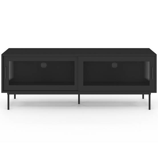 IDMARKET - Meuble TV 140 cm ZINEB 2 portes coulissantes vitrées façade cannelée noir - Image 3