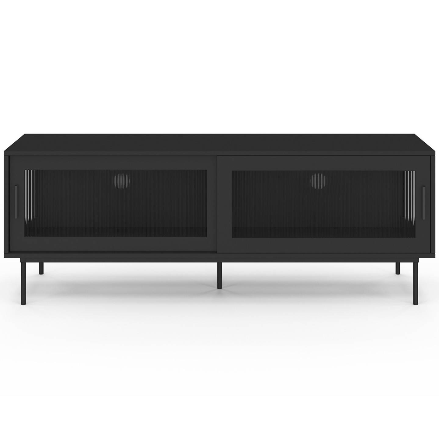IDMARKET - Meuble TV 140 cm ZINEB 2 portes coulissantes vitrées façade cannelée noir - Image 3