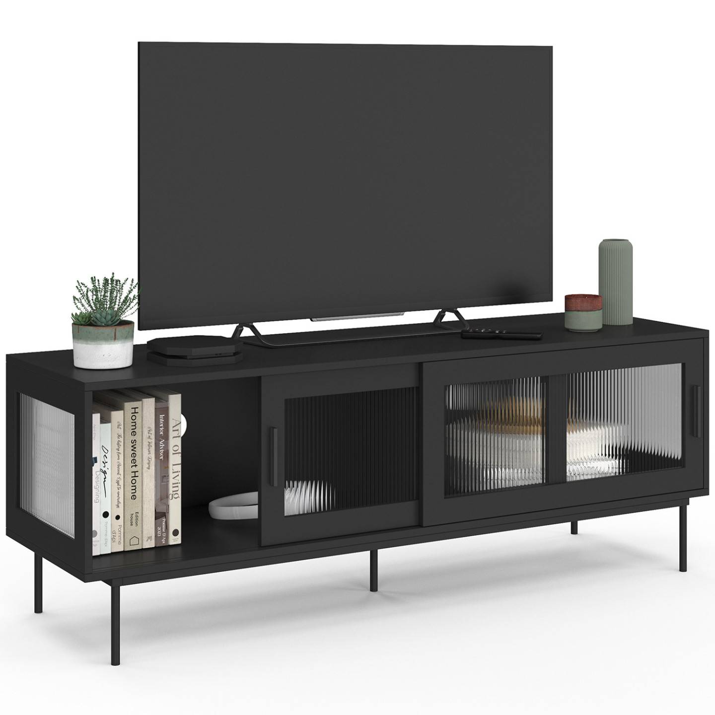IDMARKET - Meuble TV 140 cm ZINEB 2 portes coulissantes vitrées façade cannelée noir - Image 4