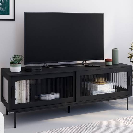 IDMARKET - Meuble TV 140 cm ZINEB 2 portes coulissantes vitrées façade cannelée noir - Image 1