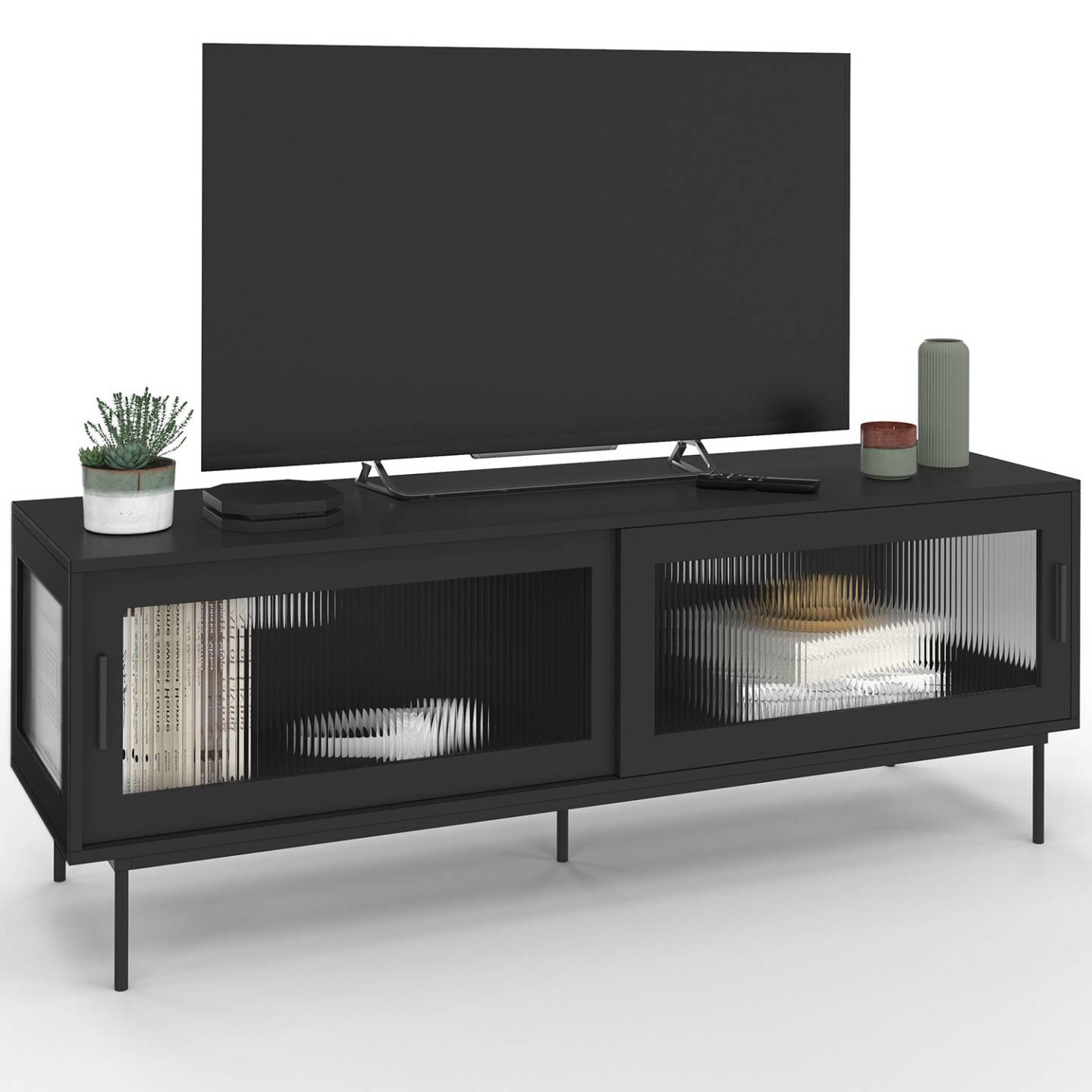 IDMARKET - Meuble TV 140 cm ZINEB 2 portes coulissantes vitrées façade cannelée noir - Image 2
