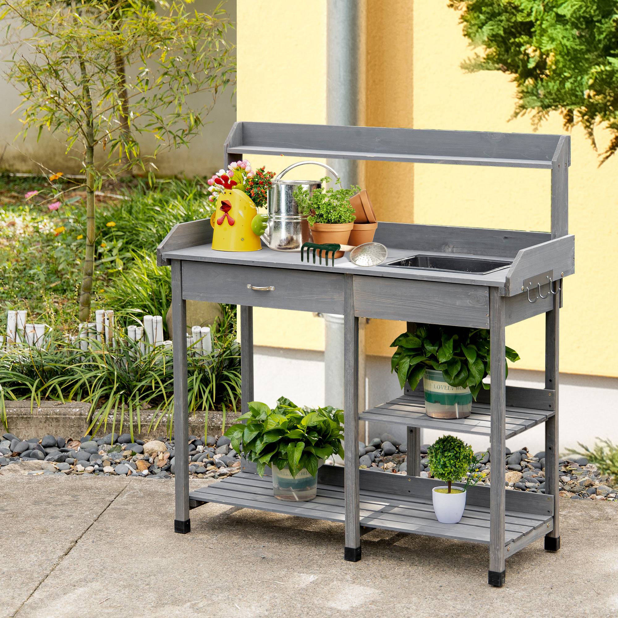 Table de rempotage multi-équipée table de jardinage avec tiroir, 3 étagères, évier, 3 crochets - table de plantation bois sapin pré-huilé gris - Image 4