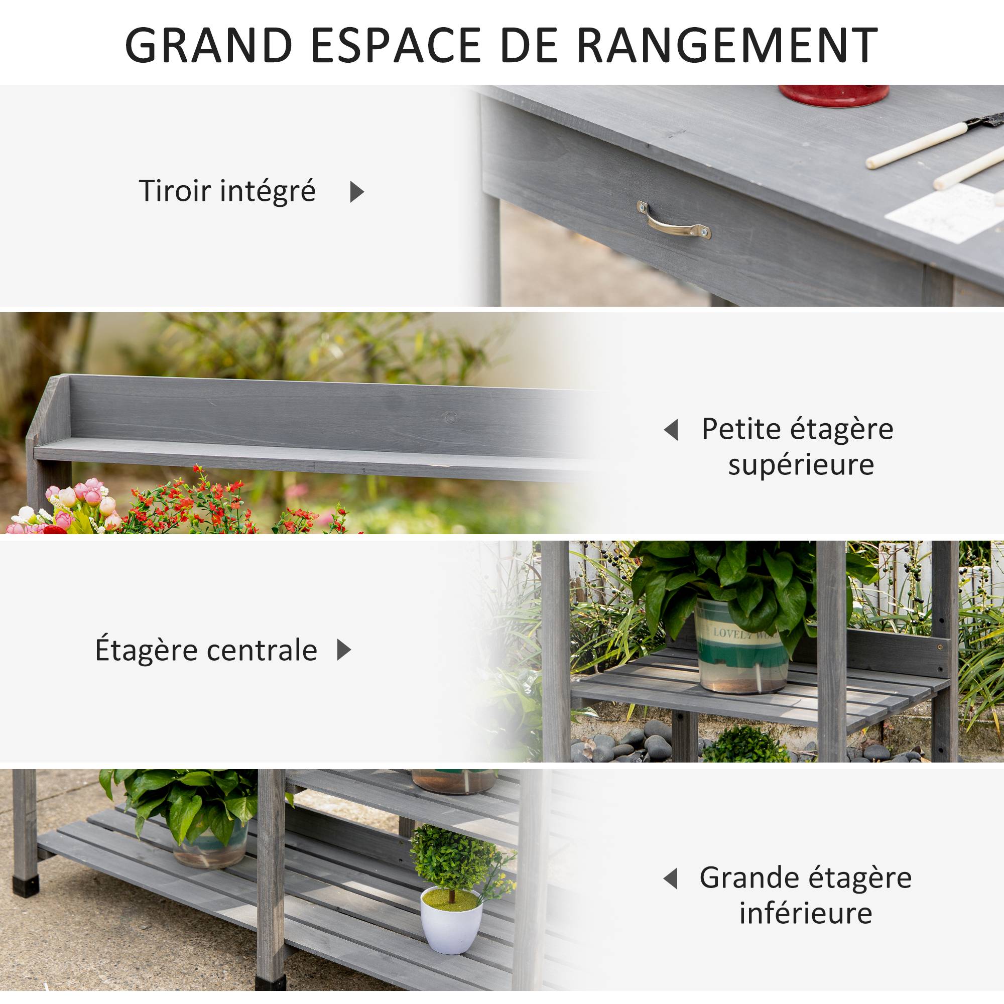 Table de rempotage multi-équipée table de jardinage avec tiroir, 3 étagères, évier, 3 crochets - table de plantation bois sapin pré-huilé gris - Image 7