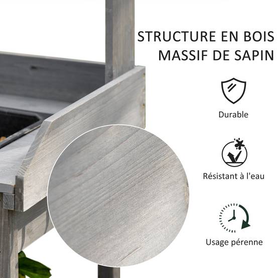 Table de rempotage multi-équipée table de jardinage avec tiroir, 3 étagères, évier, 3 crochets - table de plantation bois sapin pré-huilé gris - Image 9